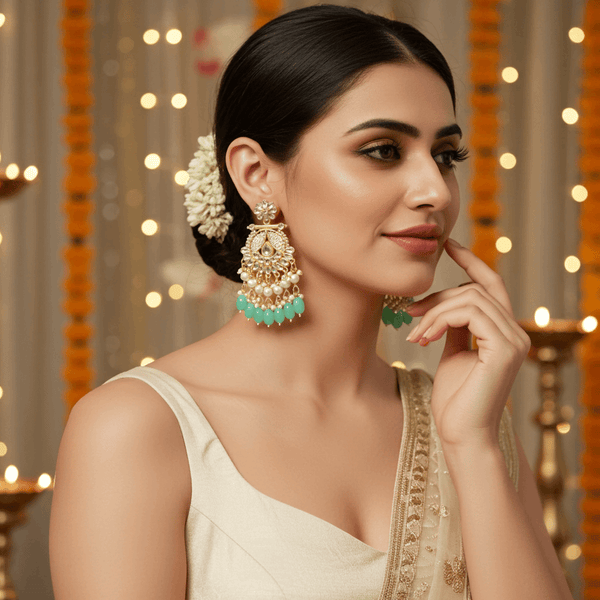 Tessara Gold-Plated Kundan & Pearl Chandbali Earrings with Sea Green Beads