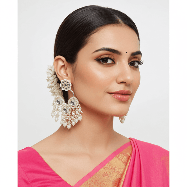 Tessara Silver Kundan & Pearl Chandelier Earrings in White