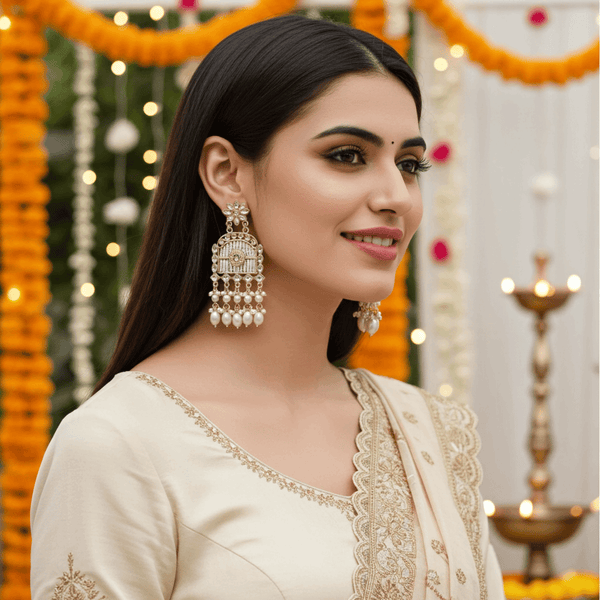 Tessara Gold-Plated Kundan Chandelier Earrings with White Pearls