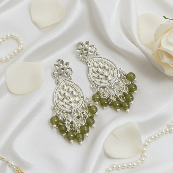 Tessara Silver-Plated Kundan Teardrop Earrings with Mehendi Green Beaded Tassels