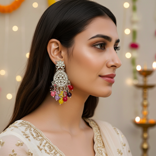 Tessara Silver-Plated Kundan Teardrop Earrings with Multicolor Beaded Fringe