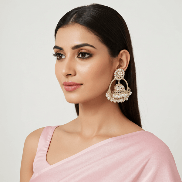 Tessara Gold Kundan & Pearl Bali Jhumki Earrings