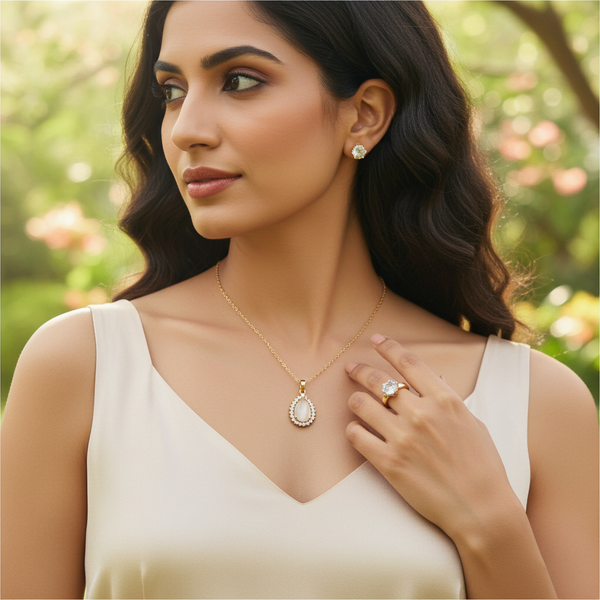 Tessara Gold-Plated Translucent Stone Tear Drop Pendant Set