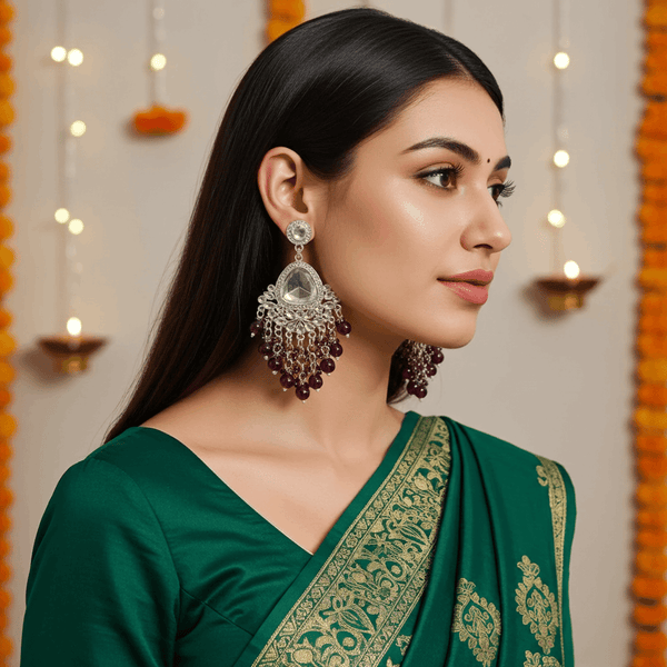 Tessara Silver-Plated Kundan Chandelier Earrings with Wine Beaded Tassels