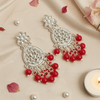 Tessara Silver-Plated Kundan Teardrop Earrings with Coral Red Beaded Fringe