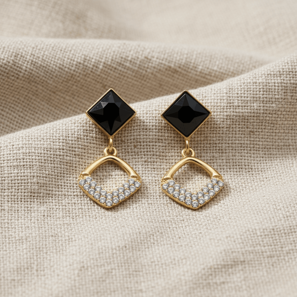 Tessara Gold-Plated Black Stone & Zirconia Drop Earrings
