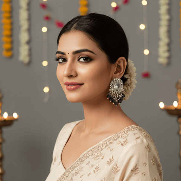 Tessara Silver-Plated Kundan Drop Earrings with Purple Beaded Fringe