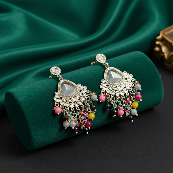 Tessara Gold-Plated Kundan Chandelier Earrings with Multicolor Beaded Tassels
