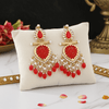 Tessara Gold Carved Stone & Pearl Danglers in Coral Red