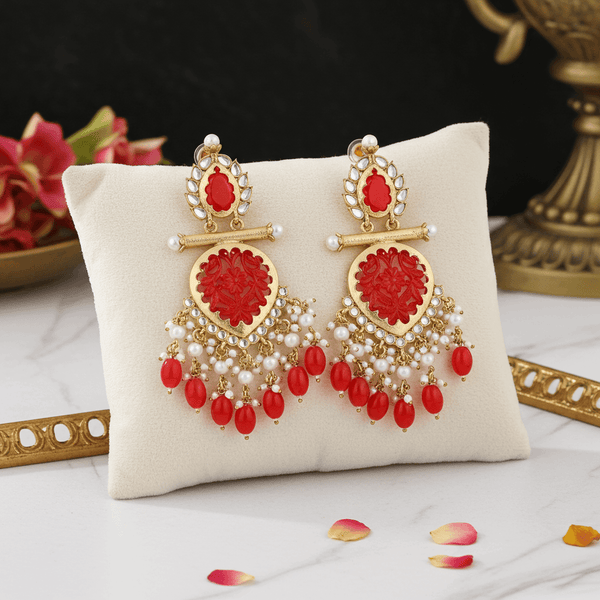 Tessara Gold Carved Stone & Pearl Danglers in Coral Red