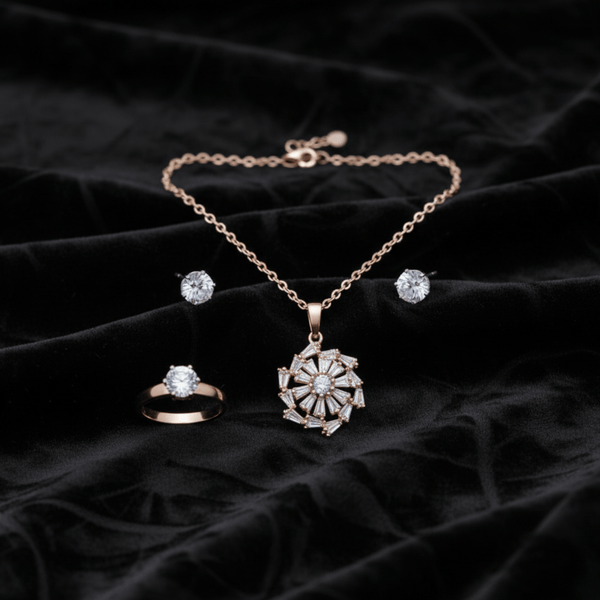 Tessara Rose Gold-Plated Zirconia Floral & Solitaire Set