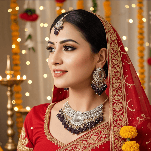 Tessara Silver-Plated Kundan Drop Earrings with Purple Beaded Fringe