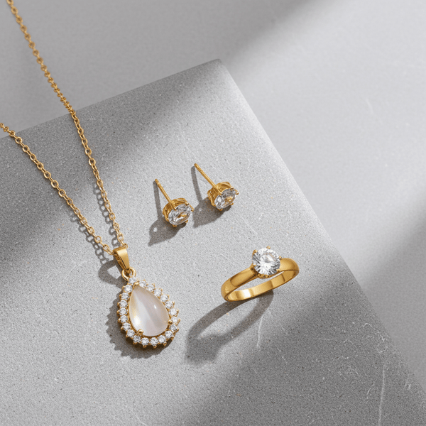 Tessara Gold-Plated Translucent Stone Tear Drop Pendant Set