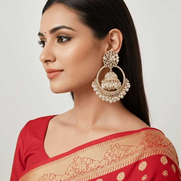 Tessara Gold Kundan & Pearl Bali Jhumki Earrings