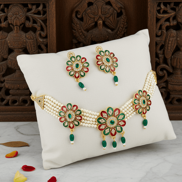 Tessara Copper Gold-plated Green, Red Jewel Set