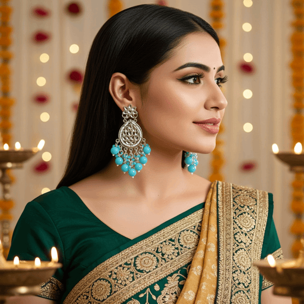 Tessara Silver Kundan Teardrop Danglers with Sky Blue Beads