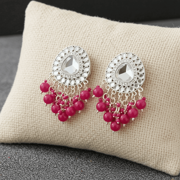 Tessara Silver-Plated Kundan Drop Earrings with Rani Pink Beaded Fringe
