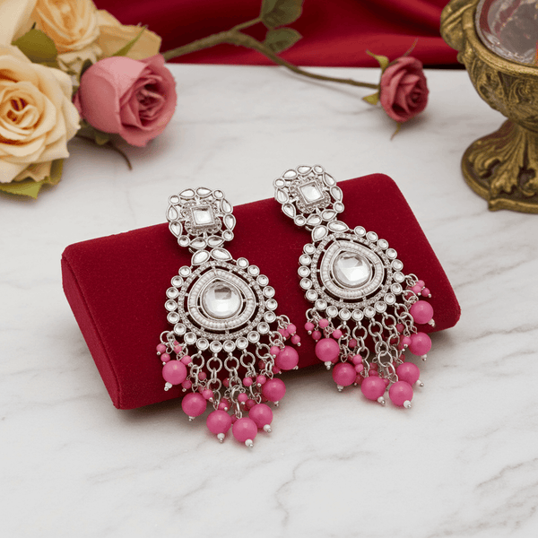 Tessara Silver Kundan Drop Earrings with Rani Pink Beads
