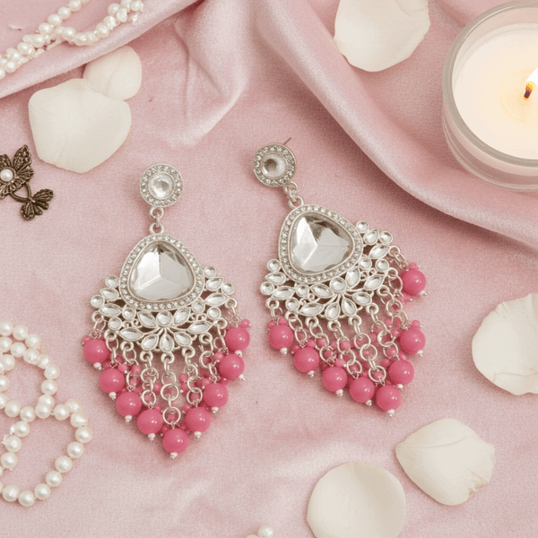 Tessara Silver-Plated Kundan Chandelier Earrings with Onion Pink Beaded Tassels