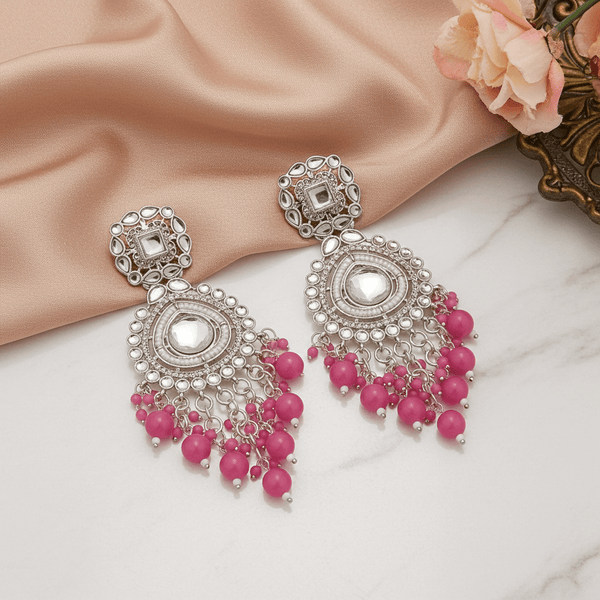 Tessara Silver Kundan Drop Earrings with Rani Pink Beads