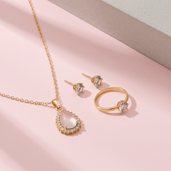 Tessara Gold-Plated Translucent Stone Tear Drop Pendant Set