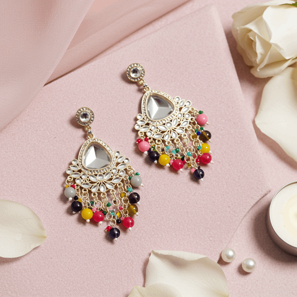 Tessara Gold-Plated Kundan Chandelier Earrings with Multicolor Beaded Tassels