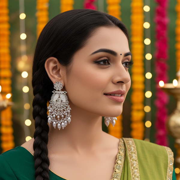 Tessara Silver-Plated Kundan & Pearl Drop Earrings in White