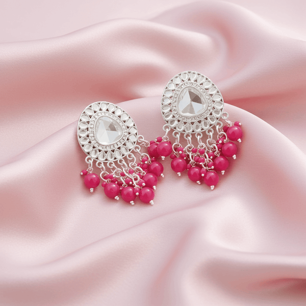 Tessara Silver-Plated Kundan Drop Earrings with Rani Pink Beaded Fringe