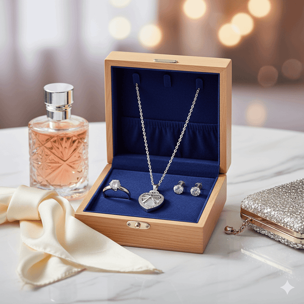 Tessara Silver-Plated Light Blue Heart Bow & Solitaire Pendant Set with Ring