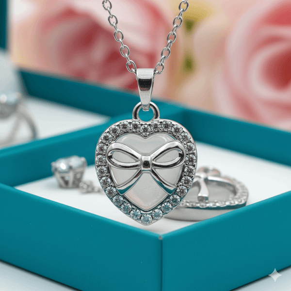 Tessara Silver-Plated Light Blue Heart Bow & Solitaire Pendant Set with Ring