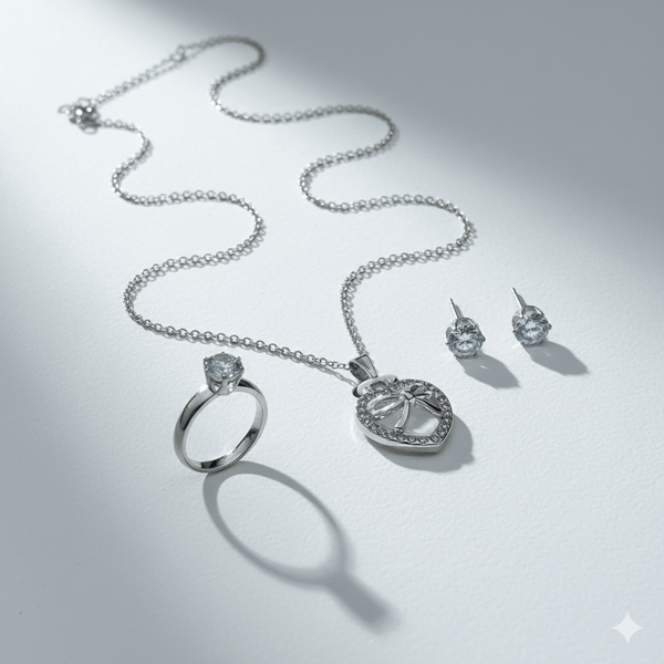 Tessara Silver-Plated Light Blue Heart Bow & Solitaire Pendant Set with Ring