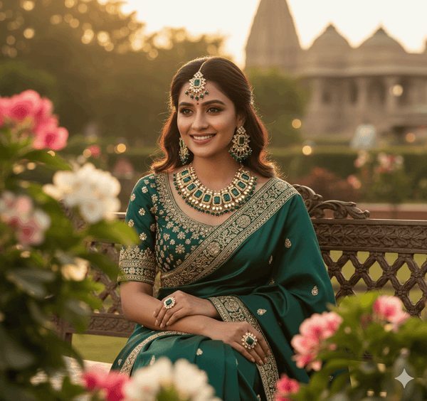 Tessara Gold-Plated Green & White Kundan Beaded Jewellery Set