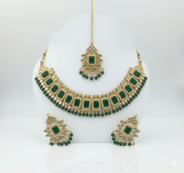 Tessara Gold-Plated Green & White Kundan Beaded Jewellery Set