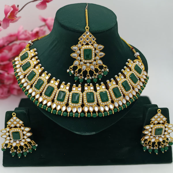 Tessara Gold-Plated Green & White Kundan Beaded Jewellery Set