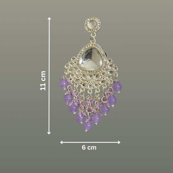 Tessara Silver-Plated Kundan Teardrop Earrings with Lavender Beaded Fringe