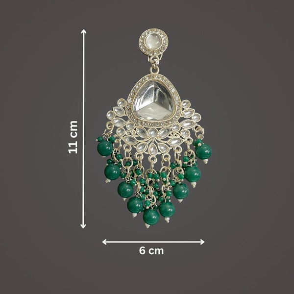 Tessara Silver-Plated Kundan Teardrop Earrings with Bottle Green Beaded Fringe