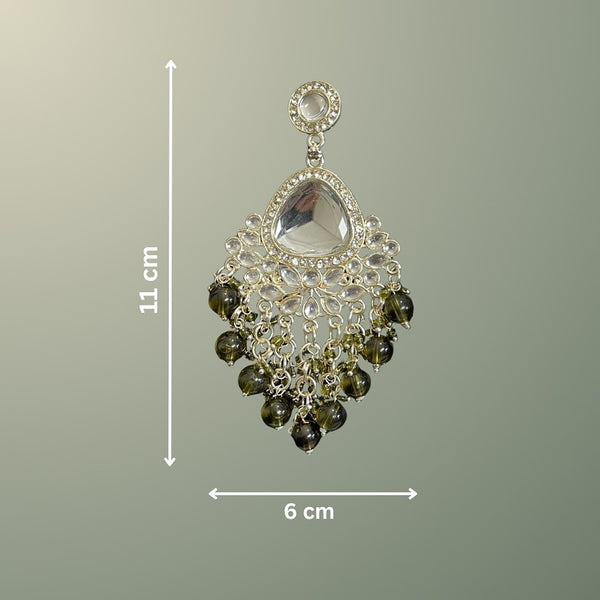 Tessara Silver-Plated Kundan Teardrop Earrings with Mehendi Green Beaded Fringe