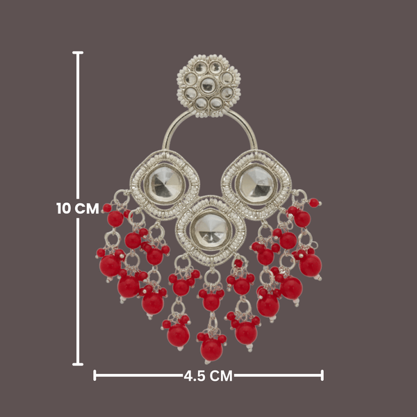 Tessara Silver-Plated Kundan Chandelier Earrings with Red Beaded Tassels