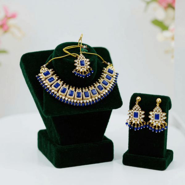 Tessara Gold-Plated Blue & White Kundan Beaded Jewellery Set
