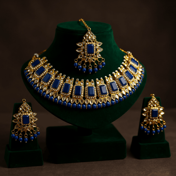 Tessara Gold-Plated Blue & White Kundan Beaded Jewellery Set