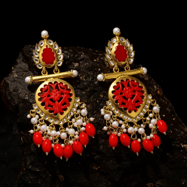 Tessara Gold Carved Stone & Pearl Danglers in Coral Red