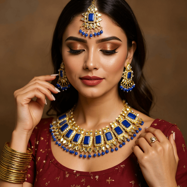 Tessara Gold-Plated Blue & White Kundan Beaded Jewellery Set