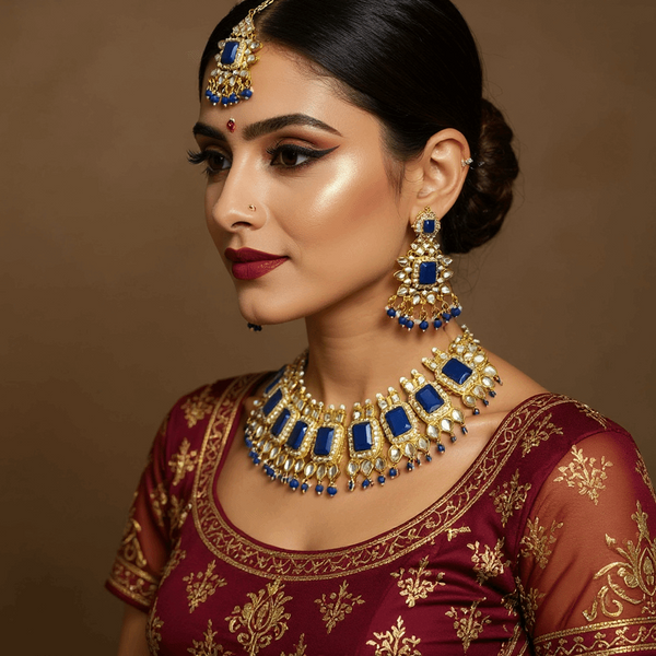 Tessara Gold-Plated Blue & White Kundan Beaded Jewellery Set