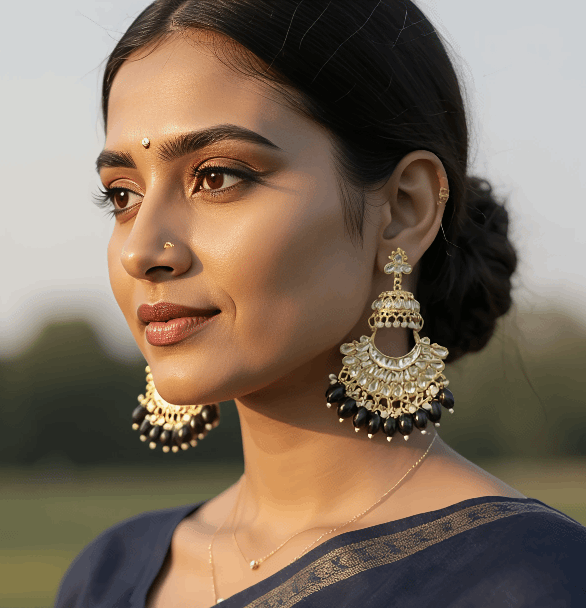 Tessara Gold Kundan Pearl Chandbali with Mehendi Green Beads