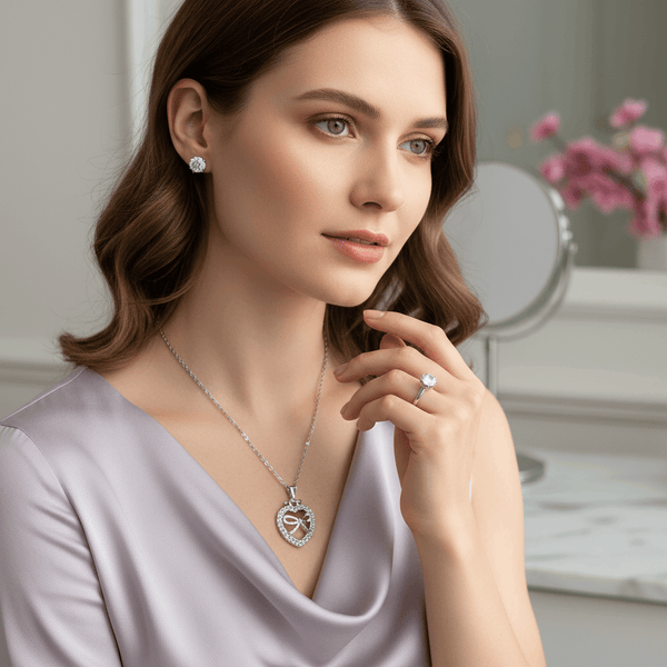 Tessara Silver-Plated Light Blue Heart Bow & Solitaire Pendant Set with Ring