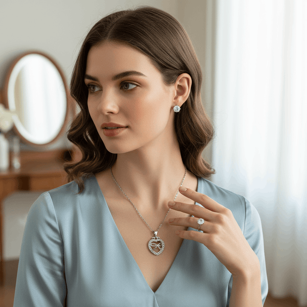 Tessara Silver-Plated Light Blue Heart Bow & Solitaire Pendant Set with Ring