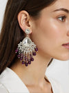 Silver-Plated Kundan Chandelier Earrings with Dark Maroon Beaded Drops -by Tessara