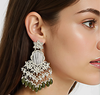 Antique Silver Kundan Earrings with Dark Green Bead Drops -by Tessara