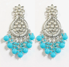 Turquoise Blue Kundan Dangle Earrings with Silver Finish -by Tessara