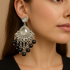 Silver-Plated Kundan Chandelier Earrings with Black Beaded Drops -by Tessara